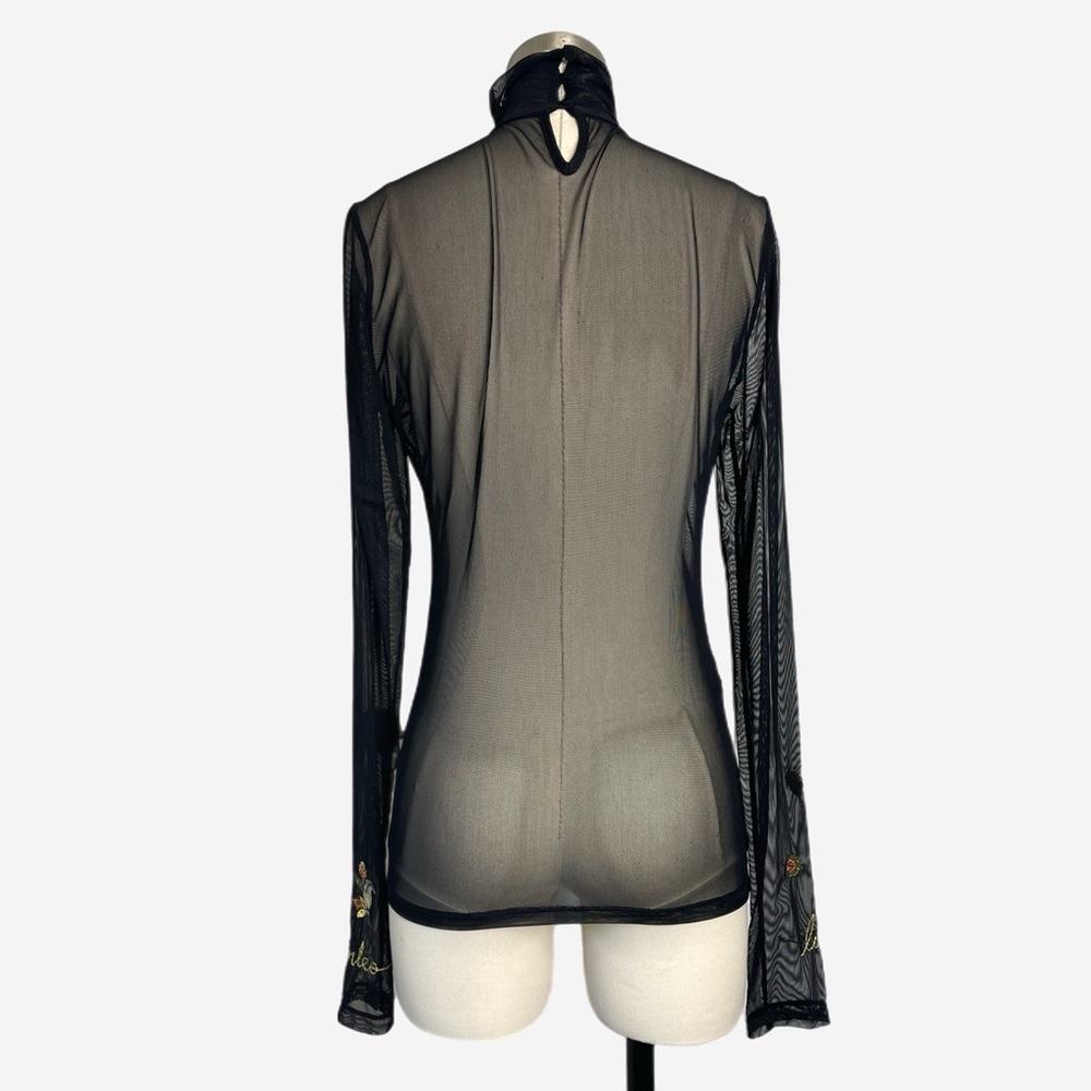 Cinq à Sept Black sheer mesh embroidered turtleneck whimsical dark bohemian S/M - Picture 6 of 16